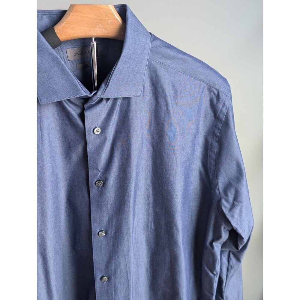 Calvin Klein Mens Blue Dress Shirt Non-Iron Slim Fit Size 17 32/33 80's Twoply